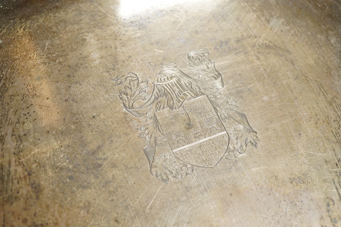 A George V silver circular salver with pie crust border and engraved armorial, by Alexander Clark Co. Ltd, Sheffield, 1922, 39.8cm, 49oz.